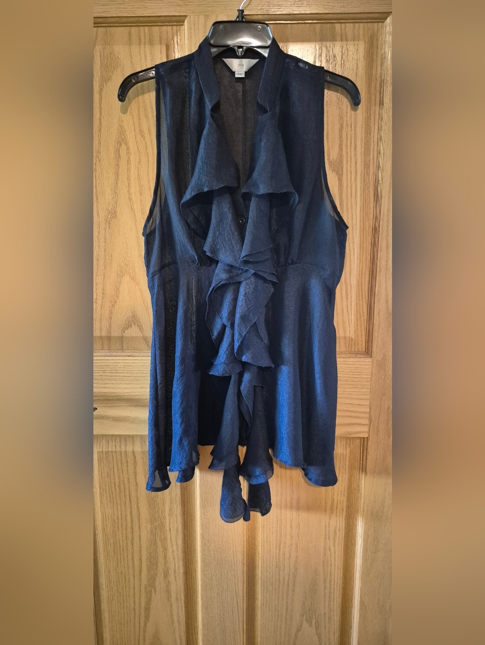 Zoa Women's L Sheer Black Button Down Ruffle Sleeveless Blouse